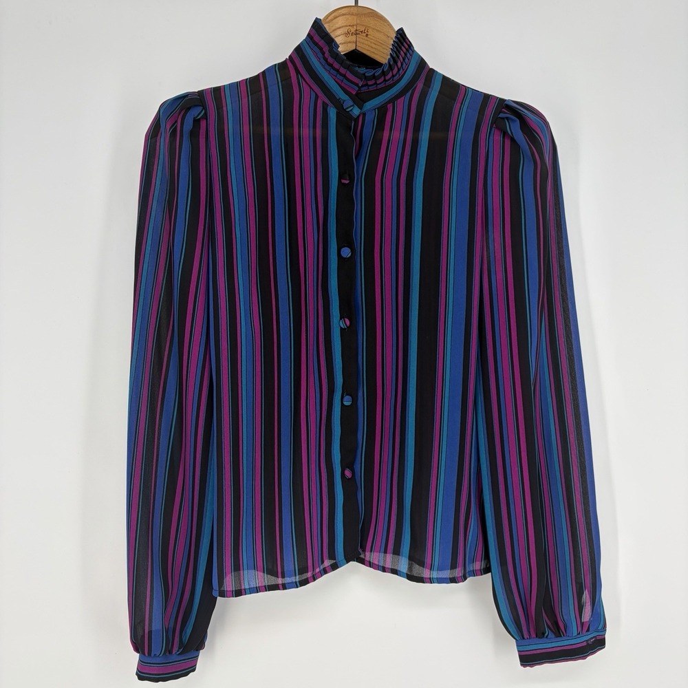 VTG 80s La Fleur Blouse 8 S/M Long Sleeve Sheer Striped Pleated Mock Neck Punk
